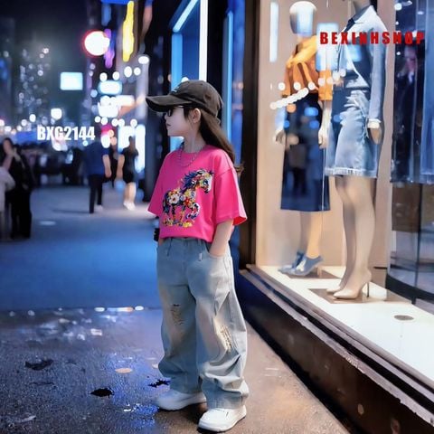 Set jean bé gái in NGỰA HOA quần dài BXG2144