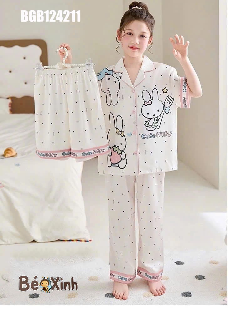 Set pijama lụa Quần Dài họa tiết hoạt hình dễ thương cho bé gái BGB124211