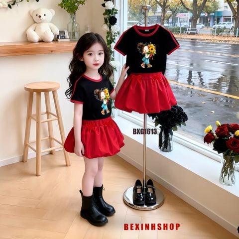 Set áo phối viền in cô gái cầm hoa chân váy bí dễ thương cho bé gái đi chơi BXG1612
