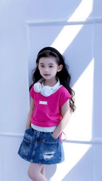 Set áo thun rút dây phối chân váy Jean dễ thương cho bé gái BGB124176