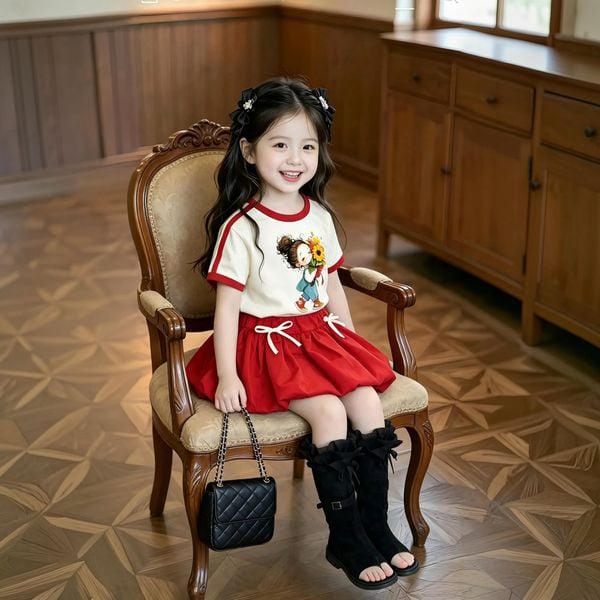 Set áo phối viền in cô gái cầm hoa chân váy bí dễ thương cho bé gái đi chơi BXG1612