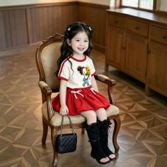 Set áo phối viền in cô gái cầm hoa chân váy bí dễ thương cho bé gái đi chơi BXG1612