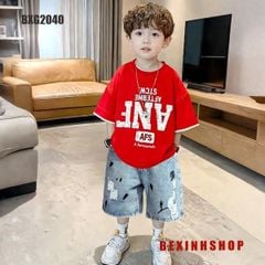 Set đồ bé trai áo in chữ loang ANF quần jeans phom rộng BXG2039