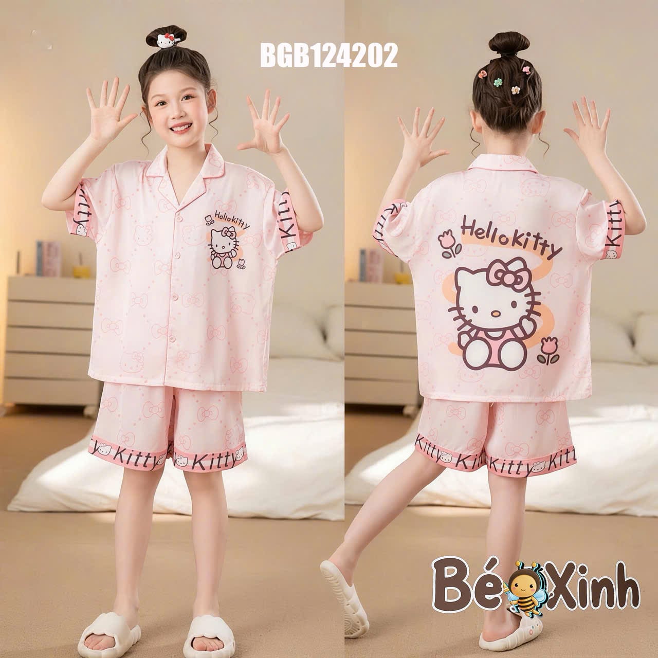 Set pijama lụa đùi hoạ tiết dễ thương cho bé gái BGB124202