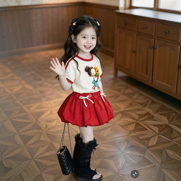 Set áo phối viền in cô gái cầm hoa chân váy bí dễ thương cho bé gái đi chơi BXG1612