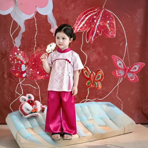 [Tặng Kèm Cham] Bộ lụa Gấm trung thu cho bé gái nhà Bé Xinh Shop BXG2299