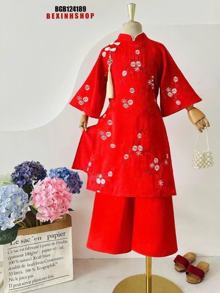 Áo dài 2 tà thêu hoa cổ tàu truyền thống cao cấp cho bé gái BGB124188