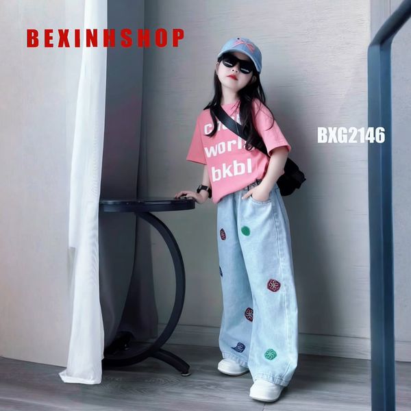 Set jean in chữ phối quần họa tiết cực ngầu cho bé gái BXG2146