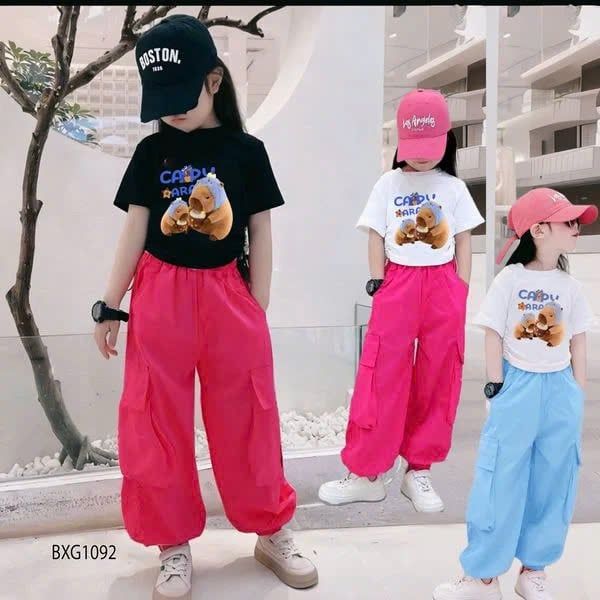 Bộ áo rút dây CapyBara quần kaki jogger túi hộp dễ thương cho bé gái đi chơi, học nhảy BXG1092