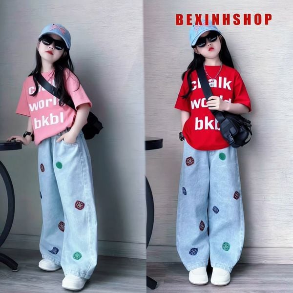 Set jean in chữ phối quần họa tiết cực ngầu cho bé gái BXG2146