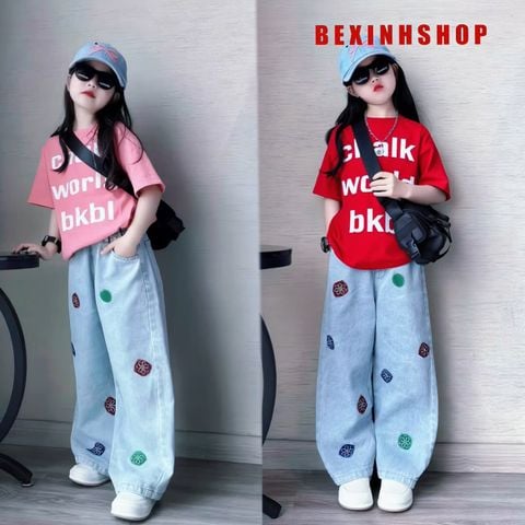 Set jean in chữ phối quần họa tiết cực ngầu cho bé gái BXG2146