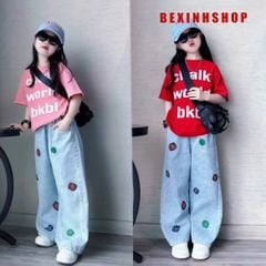 Set jean in chữ phối quần họa tiết cực ngầu cho bé gái BXG2146