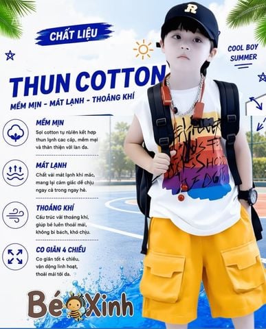 Bộ sát nách tay lỡ in chữ quần túi hộp dễ thương cho bé trai BXG1444
