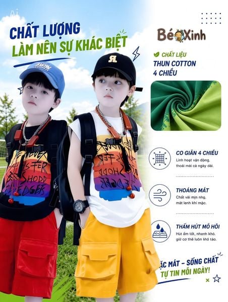 Bộ sát nách tay lỡ in chữ quần túi hộp dễ thương cho bé trai BXG1444