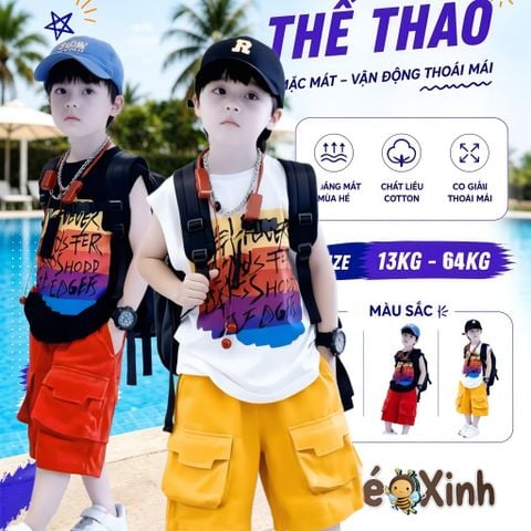 Bộ sát nách tay lỡ in chữ quần túi hộp dễ thương cho bé trai BXG1444