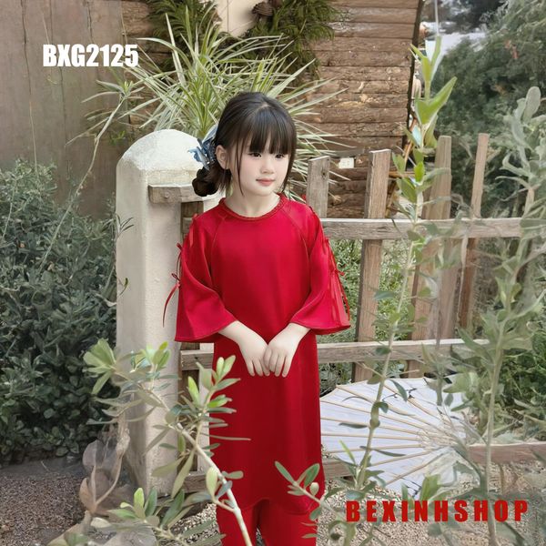 Set áo dài cách tân đính nơ tay cho bé gái mặc Lễ Tết BXG2125