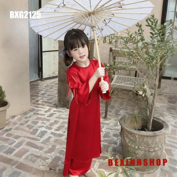 Set áo dài cách tân đính nơ tay cho bé gái mặc Lễ Tết BXG2125