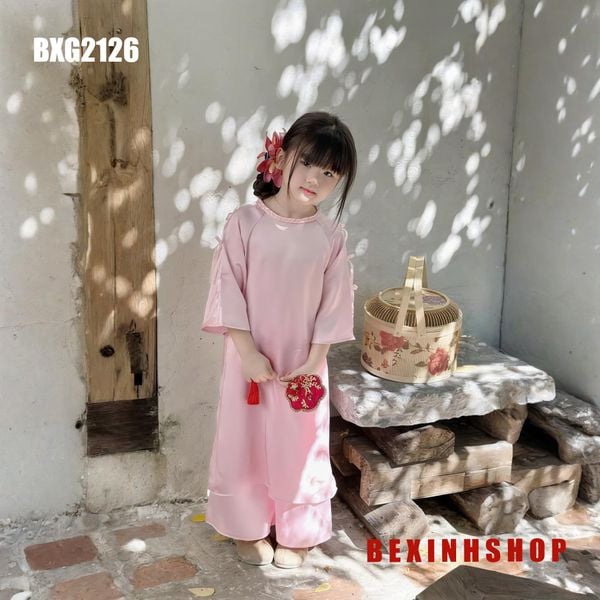 Set áo dài cách tân đính nơ tay cho bé gái mặc Lễ Tết BXG2125