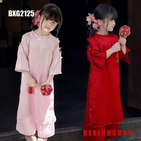 Set áo dài cách tân đính nơ tay cho bé gái mặc Lễ Tết BXG2125