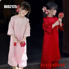 Set áo dài cách tân đính nơ tay cho bé gái mặc Lễ Tết BXG2125