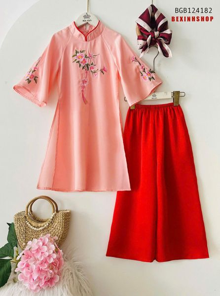 Set áoo dài 2 tà tơ nhung thêu hoa cổ tàu truyền thống cao cấp cho bé gái BGB124181