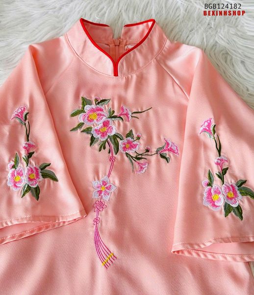 Set áoo dài 2 tà tơ nhung thêu hoa cổ tàu truyền thống cao cấp cho bé gái BGB124181