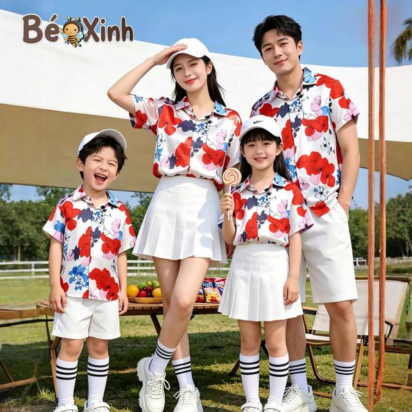 BST Áo Sơ Mi Lụa Gia Đình đi biển bé trai bé gái BXG2374