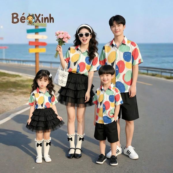 BST Áo Sơ Mi Lụa Gia Đình đi biển bé trai bé gái BXG2374