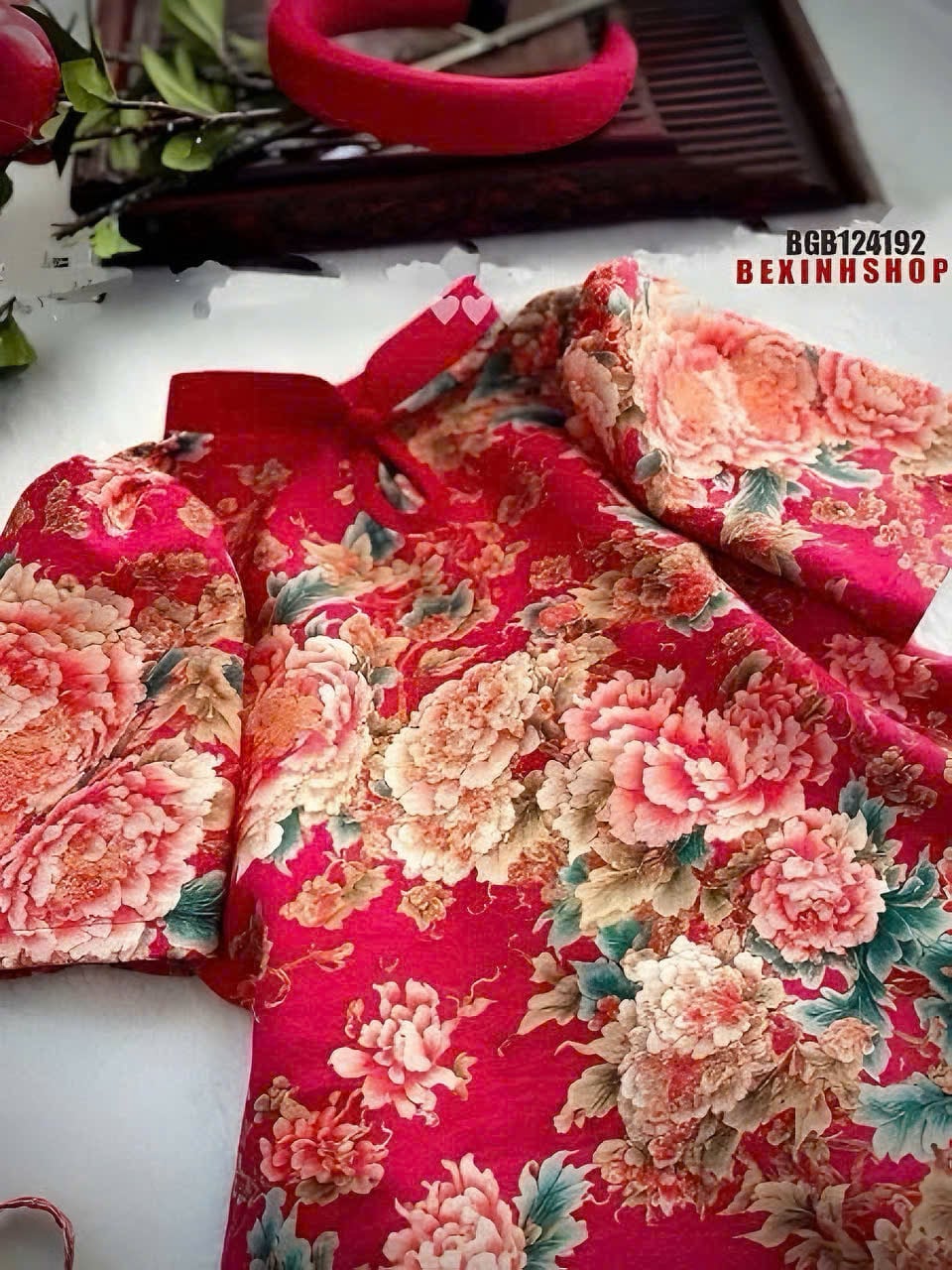 Set bà ba pháp phục gấm hoa hồng (KÈM TÚI) cao cấp cho bé gái đi chơi TRUNG THU BGB124192