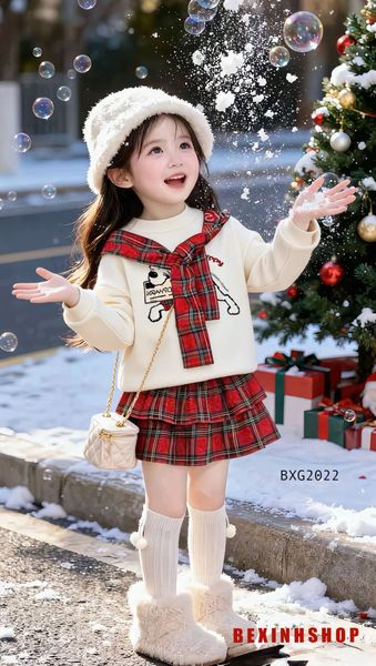 Set áo phối dây in cún chân váy tầng caro dễ thương cho bé gái BXG2022