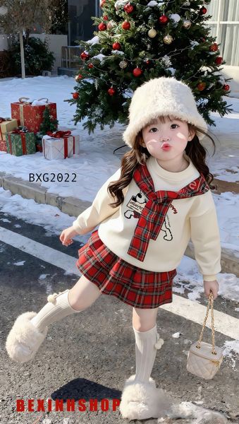 Set áo phối dây in cún chân váy tầng caro dễ thương cho bé gái BXG2022