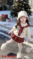 Set áo phối dây in cún chân váy tầng caro dễ thương cho bé gái BXG2022