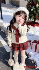 Set áo phối dây in cún chân váy tầng caro dễ thương cho bé gái BXG2022