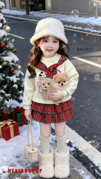 Set áo phối dây in cún chân váy tầng caro dễ thương cho bé gái BXG2022