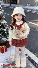 Set áo phối dây in cún chân váy tầng caro dễ thương cho bé gái BXG2022