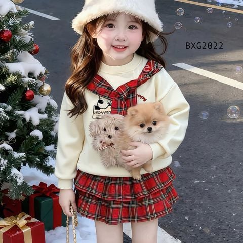 Set áo phối dây in cún chân váy tầng caro dễ thương cho bé gái BXG2022