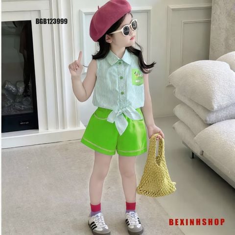 Set áo sơ mi cột dây quần sort kaki dễ thương cho bé gái đi chơi BGB123994