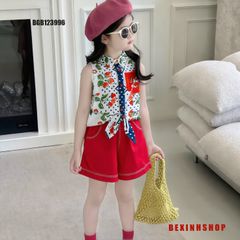 Set áo sơ mi cột dây quần sort kaki dễ thương cho bé gái đi chơi BGB123994