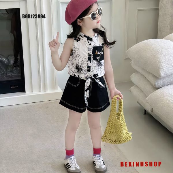 Set áo sơ mi cột dây quần sort kaki dễ thương cho bé gái đi chơi BGB123994