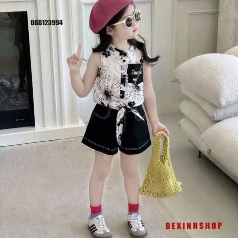 Set áo sơ mi cột dây quần sort kaki dễ thương cho bé gái đi chơi BGB123994