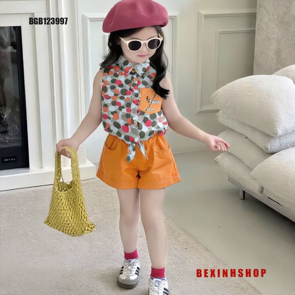 Set áo sơ mi cột dây quần sort kaki dễ thương cho bé gái đi chơi BGB123994