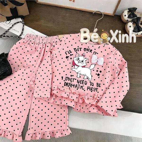 Bộ dài tay phối bèo in Mèo tiểu thư nhà Bé Xinh dễ thương cho bé gái ngày Thu BXG2608