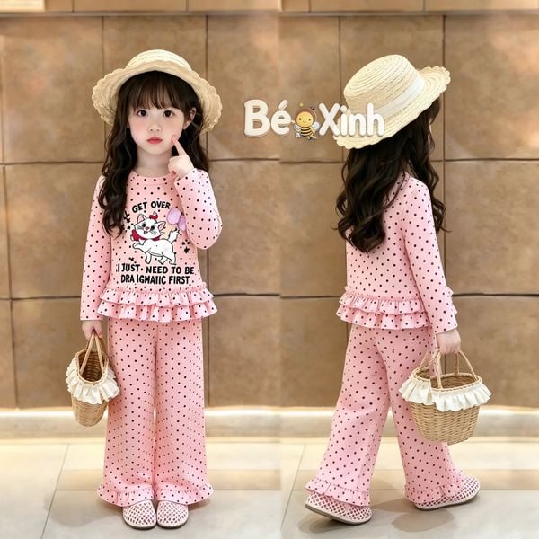 Bộ dài tay phối bèo in Mèo tiểu thư nhà Bé Xinh dễ thương cho bé gái ngày Thu BXG2608