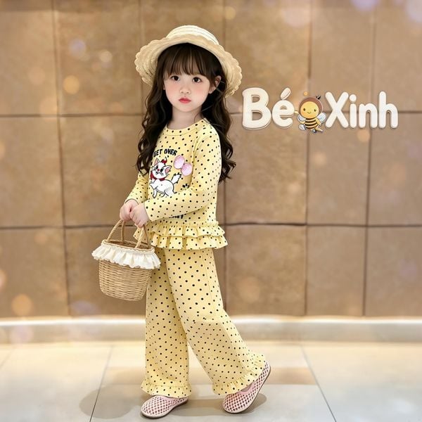 Bộ dài tay phối bèo in Mèo tiểu thư nhà Bé Xinh dễ thương cho bé gái ngày Thu BXG2608