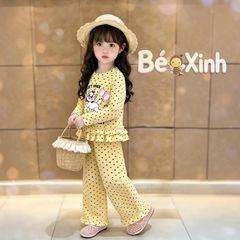 Bộ dài tay phối bèo in Mèo tiểu thư nhà Bé Xinh dễ thương cho bé gái ngày Thu BXG2608
