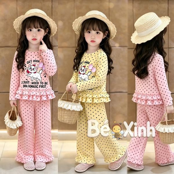 Bộ dài tay phối bèo in Mèo tiểu thư nhà Bé Xinh dễ thương cho bé gái ngày Thu BXG2608