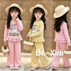Bộ dài tay phối bèo in Mèo tiểu thư nhà Bé Xinh dễ thương cho bé gái ngày Thu BXG2608