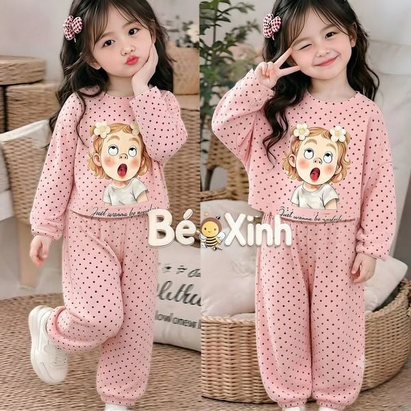 Bộ dài tay chấm bi nhà Bé Xinh cho bé gái mùa Thu Đông BXG2596