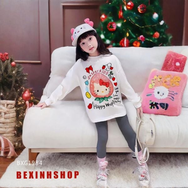 Set áo dài tay Hello Kitty Quần legging dài Thu Đông Đáng Yêu Cho Bé Gái BXG1984