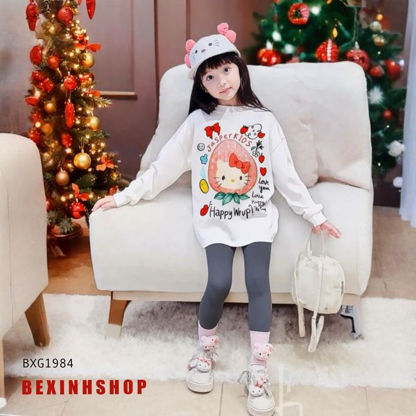 Set áo dài tay Hello Kitty Quần legging dài Thu Đông Đáng Yêu Cho Bé Gái BXG1984